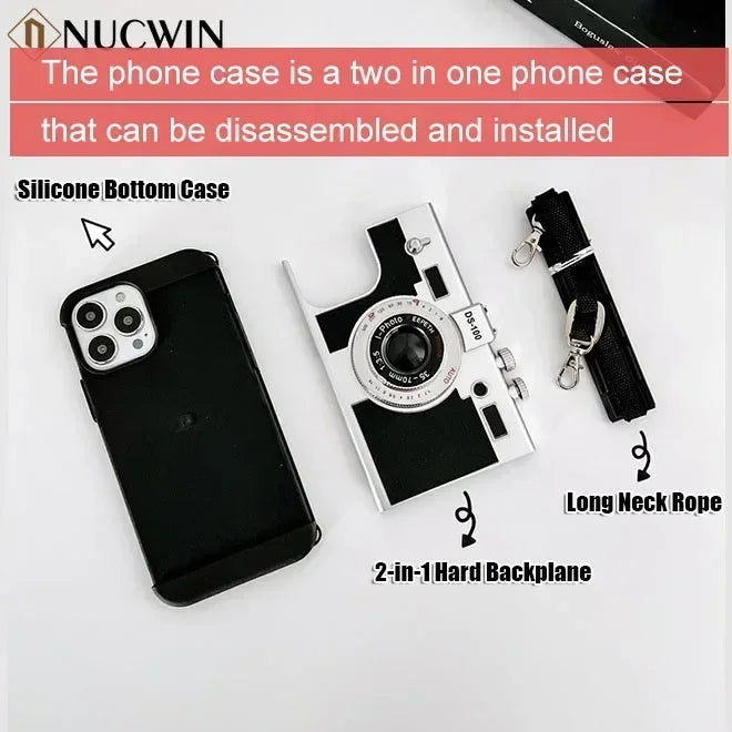 3D Retro Camera Case For iPhone 15 Pro Max 14 13 12 11 Pro Max X XR XS Max 8 Plus Lanyard Camera Shockproof Cover